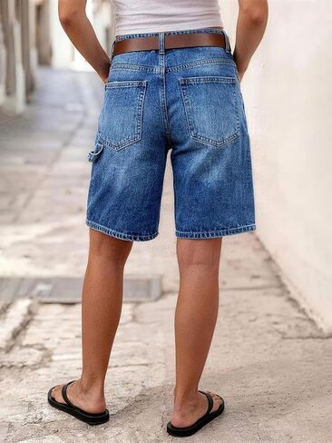 Flamingals Mid Waist Denim Bermuda Shorts for Women Mid Thigh Length Decor Front Wash Split Summer Jean Shorts Without Belt in Kuwait