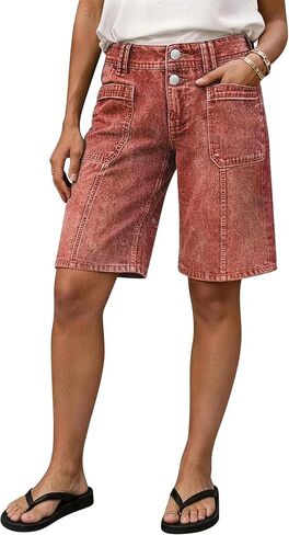 Flamingals Mid Waist Bermuda Shorts for Women Stitch Detail Keen Length Decor Front Trendy Shorts with Patched Pockets in Kuwait
