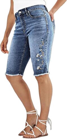 Flamingals Women's Casual Denim Shorts Mid Rise Stretchy Raw Hem Floral Embroidery Bermuda Shorts in Saudi Arabia