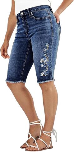 Flamingals Women's Casual Denim Shorts Mid Rise Stretchy Raw Hem Floral Embroidery Bermuda Shorts in Saudi Arabia