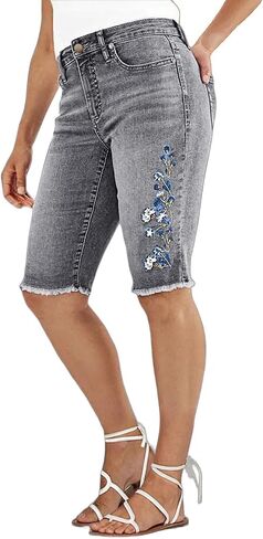 Flamingals Women's Casual Denim Shorts Mid Rise Stretchy Raw Hem Floral Embroidery Bermuda Shorts in Saudi Arabia
