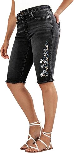 Flamingals Women's Casual Denim Shorts Mid Rise Stretchy Raw Hem Floral Embroidery Bermuda Shorts in Saudi Arabia