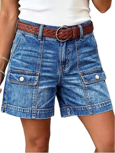 Flamingals Mid Rise Denim Shorts for Women Mid Thigh Length Split Hem Wash Decor Front Jean Shorts Without Belt in Kuwait