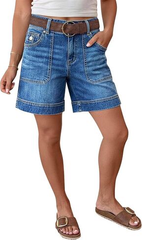 Flamingals Mid Waist Denim Bermuda Shorts for Women Mid Thigh Length Decor Front Wash Split Summer Jean Shorts Without Belt in Kuwait