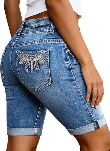 Flamingals Mid Rise Denim Bermuda Shorts for Woman Wash Tribal Embroidery Roll Hem Dual Button Summer Casual Jean Shorts in Kuwait