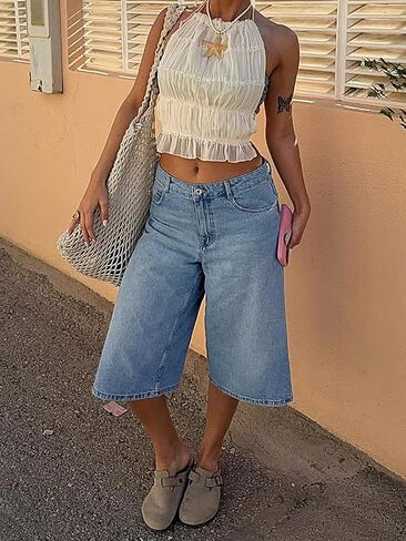 Cicy Bell المرأة فضفاض برمودا شورت جينز واسعة الساق عالية الخصر Jorts عادية طول الركبة الدينيم السراويل in Kuwait