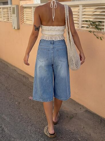 Cicy Bell المرأة فضفاض برمودا شورت جينز واسعة الساق عالية الخصر Jorts عادية طول الركبة الدينيم السراويل in Kuwait