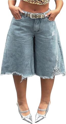 WDIRARA Women's Plus Size Ripped Jean Shorts Wide Leg Bermuda Denim Shorts in Saudi Arabia