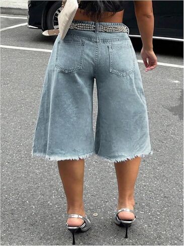 WDIRARA Women's Plus Size Ripped Jean Shorts Wide Leg Bermuda Denim Shorts in Saudi Arabia