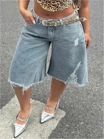 WDIRARA Women's Plus Size Ripped Jean Shorts Wide Leg Bermuda Denim Shorts in Saudi Arabia
