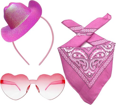 3 Pcs Cowgirl Hat Headband Set Mini Cowboy Hat Heart Glasses Bandana for Women Cowboy Party Costume Cosplay, Glitter Pink in Saudi Arabia