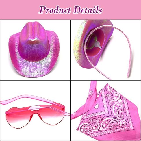 3 Pcs Cowgirl Hat Headband Set Mini Cowboy Hat Heart Glasses Bandana for Women Cowboy Party Costume Cosplay, Glitter Pink in Saudi Arabia