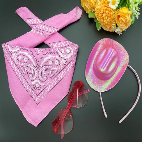 3 Pcs Cowgirl Hat Headband Set Mini Cowboy Hat Heart Glasses Bandana for Women Cowboy Party Costume Cosplay, Glitter Pink in Saudi Arabia