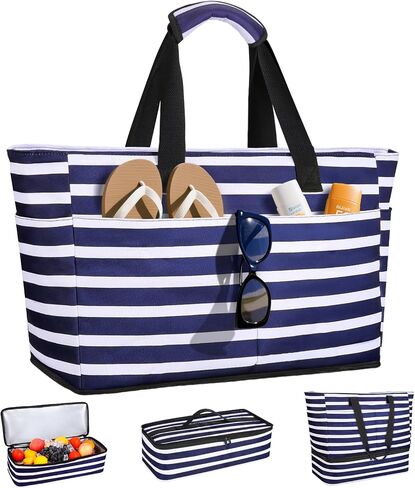 ISEYOU Beach Bag with Cooler, 49L Large Waterproof Sandproof Tote with Zipper, Foldable Travel Bag for Beach, Pool, Picnic in Kuwait