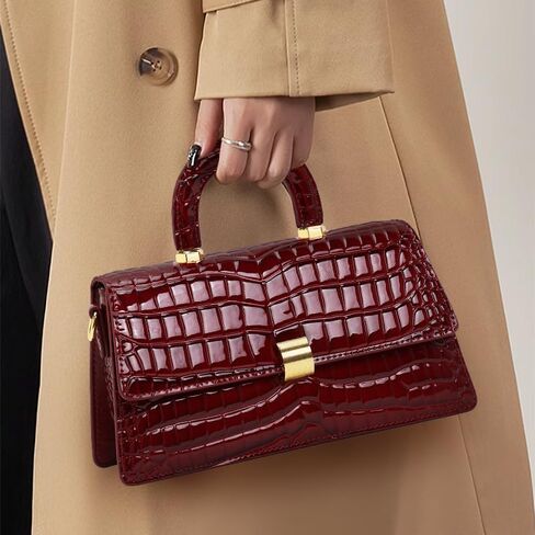 Genuine Cowhide Women's Handbag Detachable Shoulder Strap Crocodile Pattern Trapezoid Flap Pillow Bag (Claret) in Saudi Arabia