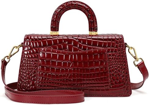 Genuine Cowhide Women's Handbag Detachable Shoulder Strap Crocodile Pattern Trapezoid Flap Pillow Bag (Claret) in Saudi Arabia