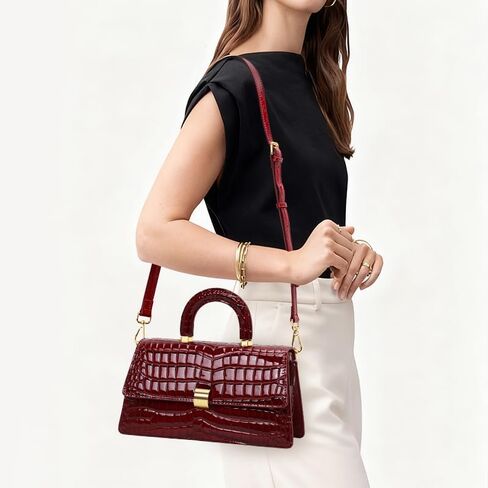 Genuine Cowhide Women's Handbag Detachable Shoulder Strap Crocodile Pattern Trapezoid Flap Pillow Bag (Claret) in Saudi Arabia