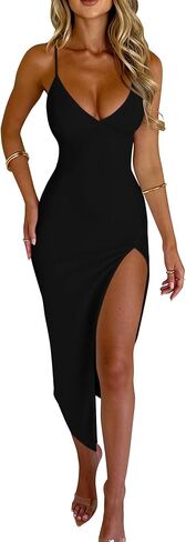 Memoriesea Women's Sexy V Neck Spaghetti Strap High Slit Bodycon Cocktail Party Wedding Guest Dress in Kuwait
