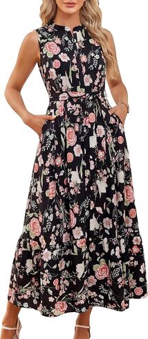 Sarin Mathews Womens Sleeveless Floral Maxi Dress V Neck Hidden Button Down Vacation Wedding Guest Dresses with Pockets in Kuwait