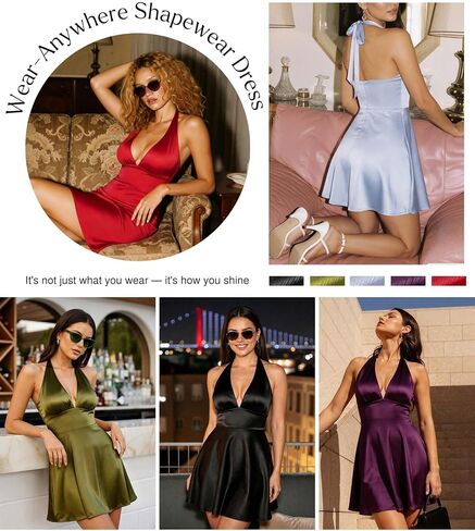 Popilush Halter Dresses for Women Backless Shapewear Mini Dress Deep V Neck Bow Tie A-Line Club Party Dress in Kuwait