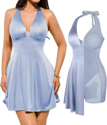 Popilush Halter Dresses for Women Backless Shapewear Mini Dress Deep V Neck Bow Tie A-Line Club Party Dress in Kuwait