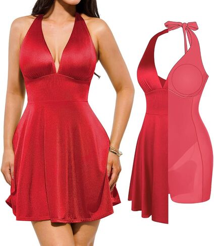 Popilush Halter Dresses for Women Backless Shapewear Mini Dress Deep V Neck Bow Tie A-Line Club Party Dress in Kuwait