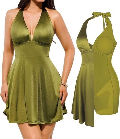 Popilush Halter Dresses for Women Backless Shapewear Mini Dress Deep V Neck Bow Tie A-Line Club Party Dress in Kuwait