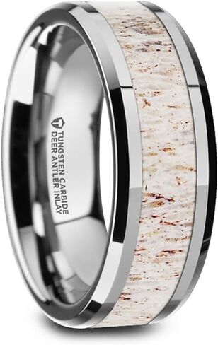 Whitetail | Tungsten Ring | Comfort Fit | Wedding Band with Off White Color Deer Antler Inlay and Polished Beveled Edges in Kuwait