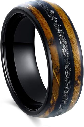 Men's Wedding Ring 8mm Black Tungsten Charred Whiskey Barrel Wood & Meteorite Inlay – Comfort Fit Mens Wedding Band with Antique Wooden Ring Box in Saudi Arabia