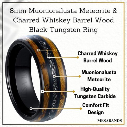 Men's Wedding Ring 8mm Black Tungsten Charred Whiskey Barrel Wood & Meteorite Inlay – Comfort Fit Mens Wedding Band with Antique Wooden Ring Box in Saudi Arabia
