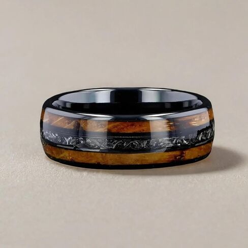 Men's Wedding Ring 8mm Black Tungsten Charred Whiskey Barrel Wood & Meteorite Inlay – Comfort Fit Mens Wedding Band with Antique Wooden Ring Box in Saudi Arabia