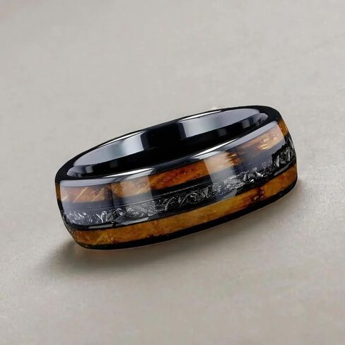 Men's Wedding Ring 8mm Black Tungsten Charred Whiskey Barrel Wood & Meteorite Inlay – Comfort Fit Mens Wedding Band with Antique Wooden Ring Box in Saudi Arabia