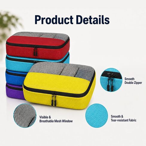 5 Pcs Packing Cubes for Travel, 12.2 x 10.2 x 3.9" Travel Luggage Organizer Bags with Mesh Window, Lightweight Suitcase Storage Bags with Handle for Clothes, Toiletries, Accessories in Kuwait