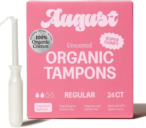 August Regular Tampons - Easy-Glide Long Applicators - 36-Pack 100% Organic Cotton Tampons for Women, Non-Toxic, Fragrance-Free, and Hypoallergenic in Kuwait