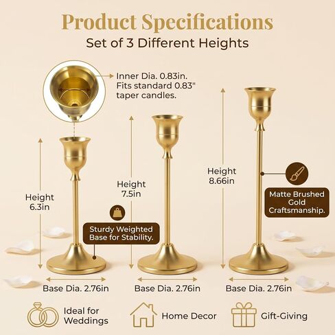 12 Pcs Gold Candlestick Holders, Vintage Metal Candle Holders Taper Candle Stands, Tall Golden Brass Tapered Candle Holder for Wedding Tables Centerpieces Decor in Saudi Arabia