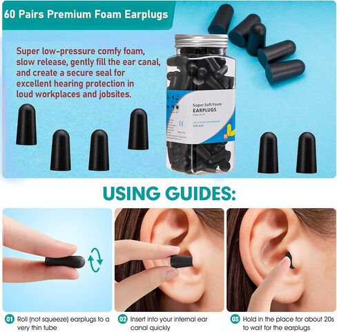 60 Pairs Bottled Black Foam Earplugs for Noise Cancelling, Sleeping, Work, Snoring, Construction, 33dB NRR in Saudi Arabia