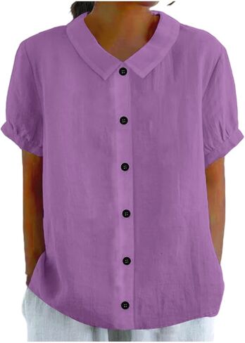 Women's Button Down Shirt V Neck Short Sleeve Summer | Womens Cotton Linen Tops V Neck Short Sleeve Button Down Shirts Summer Casual Work Gauze Blouses in Kuwait