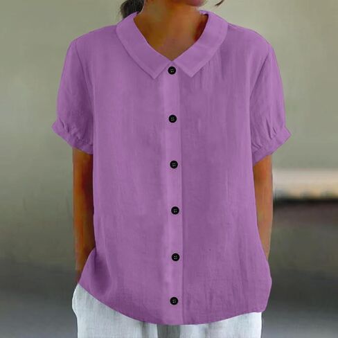 Women's Button Down Shirt V Neck Short Sleeve Summer | Womens Cotton Linen Tops V Neck Short Sleeve Button Down Shirts Summer Casual Work Gauze Blouses in Kuwait