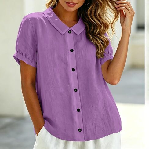 Women's Button Down Shirt V Neck Short Sleeve Summer | Womens Cotton Linen Tops V Neck Short Sleeve Button Down Shirts Summer Casual Work Gauze Blouses in Kuwait
