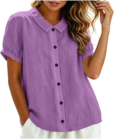 Women's Button Down Shirt V Neck Short Sleeve Summer | Womens Cotton Linen Tops V Neck Short Sleeve Button Down Shirts Summer Casual Work Gauze Blouses in Kuwait