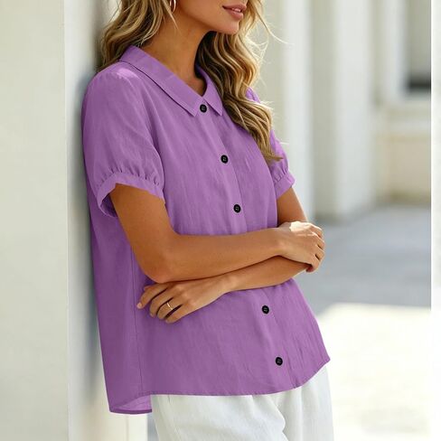 Women's Button Down Shirt V Neck Short Sleeve Summer | Womens Cotton Linen Tops V Neck Short Sleeve Button Down Shirts Summer Casual Work Gauze Blouses in Kuwait