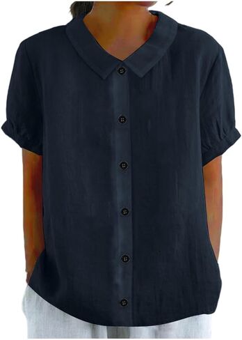 Women's Button Down Shirt V Neck Short Sleeve Summer | Womens Cotton Linen Tops V Neck Short Sleeve Button Down Shirts Summer Casual Work Gauze Blouses in Kuwait