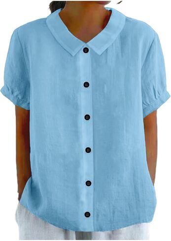 Women's Button Down Shirt V Neck Short Sleeve Summer | Womens Cotton Linen Tops V Neck Short Sleeve Button Down Shirts Summer Casual Work Gauze Blouses in Kuwait