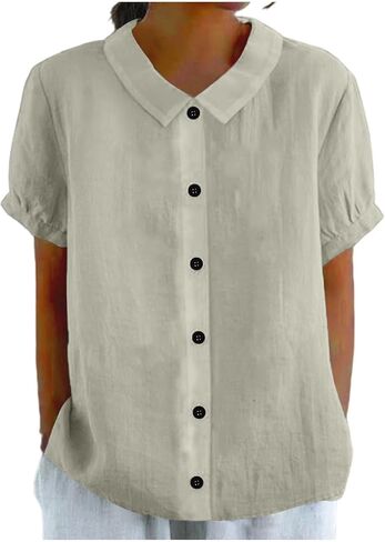 Women's Button Down Shirt V Neck Short Sleeve Summer | Womens Cotton Linen Tops V Neck Short Sleeve Button Down Shirts Summer Casual Work Gauze Blouses in Kuwait