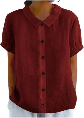 Women's Button Down Shirt V Neck Short Sleeve Summer | Womens Cotton Linen Tops V Neck Short Sleeve Button Down Shirts Summer Casual Work Gauze Blouses in Kuwait