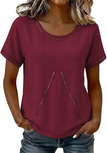 Women's Tee Round Neck Short Sleeve Eyelet Beach Trendy | Womens Summer Tops Short Sleeve Shrits Trendy Round Neck Eyelet Tee Beach Vacation Clothes Outfits in Kuwait