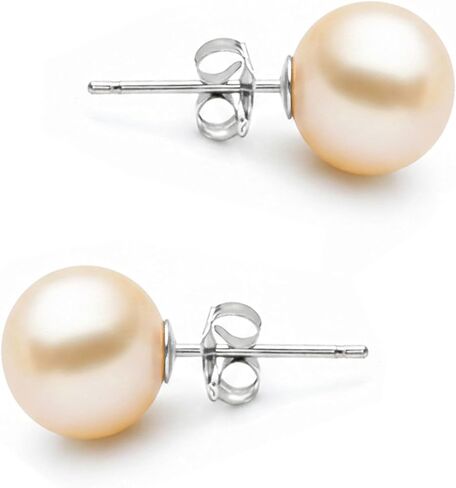 AAAA Grade 6–10mm Champagne Japanese Freshwater Cultured Pearl Stud Earrings, Solid 14k White or Yellow Gold, Natural Color Round, Gift Box and Certificate in Saudi Arabia