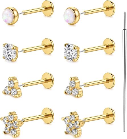 YACHY 8PCS Threadless Flat Back Earrings 18G CZ Cartilage Studs, 316L Surgical Steel Push Pin Helix Tragus Conch Medusa Lip Piercing Jewelry, Hypoallergenic Sleeping Earrings for Women Men in Saudi Arabia