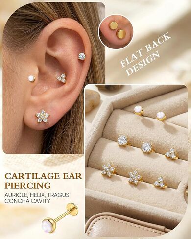 YACHY 8PCS Threadless Flat Back Earrings 18G CZ Cartilage Studs, 316L Surgical Steel Push Pin Helix Tragus Conch Medusa Lip Piercing Jewelry, Hypoallergenic Sleeping Earrings for Women Men in Saudi Arabia