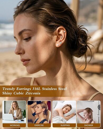 YACHY 8PCS Threadless Flat Back Earrings 18G CZ Cartilage Studs, 316L Surgical Steel Push Pin Helix Tragus Conch Medusa Lip Piercing Jewelry, Hypoallergenic Sleeping Earrings for Women Men in Saudi Arabia